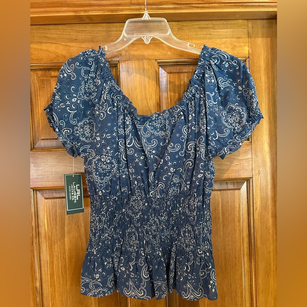 Lauren Jeans Company Navy Paisley Smocked Women's Blouse - Picture 2 of 2